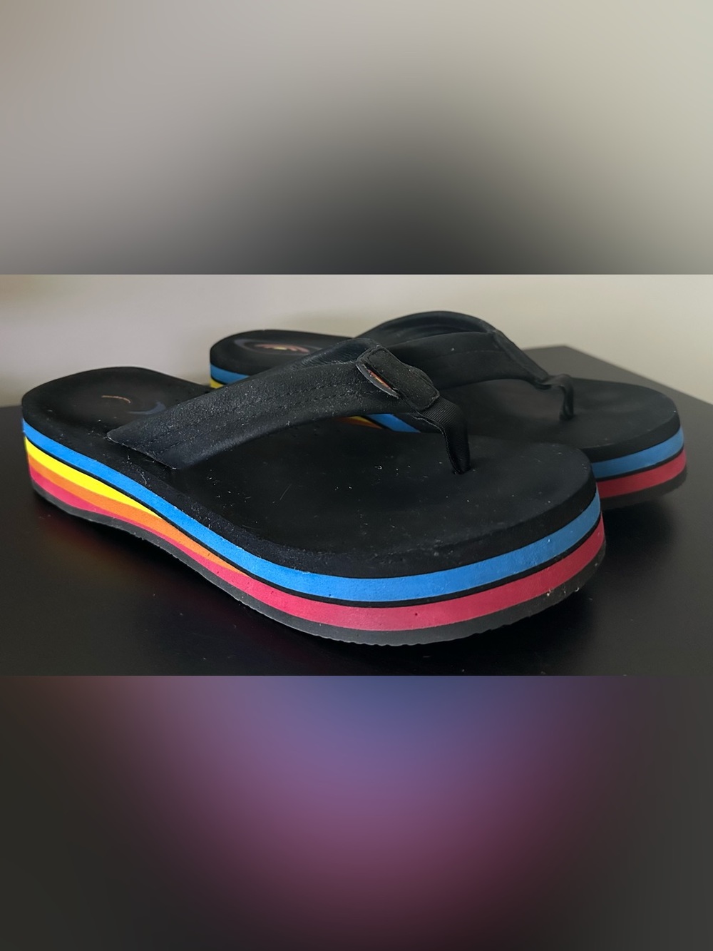 Vintage Rainbow Platform Flip Flops Black Rainbow Stripe Womens 8